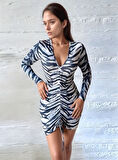 TUA MODA Kadın V Yaka önü Asansör Büzgü Detay Fırsat ürün Zebra Mini Elbise