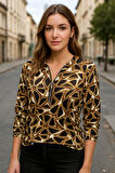TUA MODA Kadın Uzun Kollu Yuvarlak Yaka Fermuarlı Desenli şardonlu Bluz