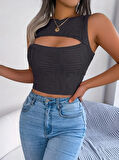 TUA MODA Kadın Askılı Bisiklet Yaka Güpüs Dekolteli Triko Crop Bluz