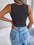 TUA MODA Kadın Askılı Bisiklet Yaka Güpüs Dekolteli Triko Crop Bluz