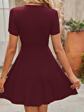 TUA MODA Kadın Kısa Kollu Kruvaze Yaka A Kesim Kalın Fitilli Kaşkorse Elbise