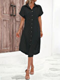 TUA MODA Kadın Kısa Kollu Yakalı Düğme Detay Midi Dokuma Elbise