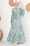 TUA MODA 2145 Desenli Tesettür Elbise - Haki