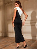 TUA MODA Kadın Omuzlardan Kurdela Detaylı Siyah Beyaz çift Renkli Yırtmaçlı Midi Dalgıç Elbise