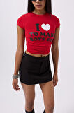 TUA MODA Nakış Detay Baskılı Crop T-Shirt