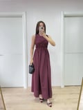 TUA MODA Kolsuz Göğüs Lastıklı Uzun Elbise - Bordo