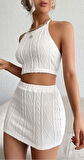 TUA MODA Kadın Sıfır Kol Crop Mini Etek Ikili Triko Takım
