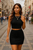 TUA MODA Kadın Sıfır Kol Crop Mini Etek Ikili Triko Takım