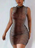 TUA MODA Kadın Sıfır Kol Desenli Mini Bodycon Dalgıç Elbise