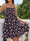 TUA MODA Kadın Askılı çiçek Desenli Süprem Mini Elbise