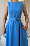 TUA MODA Mavi Halter Yaka Kloş Elbise