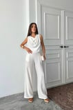 TUA MODA DEGAJE YAKA KOLSUZ BLUZ - PANTOLON TAKIM - Beyaz