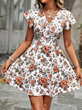 TUA MODA Kadın Kısa Kollu Kruvaze Yakalı çiçek Desenli Süprem Elbise
