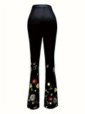 TUA MODA Kadın Yüksek Belli çiçek Desenli Ispanyol Paçalı Dalgıç Tayt Pantolon