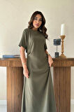 TUA MODA Haki Pileli Bisiklet Yaka Elbise