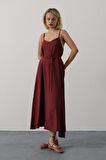 TUA MODA Askılı Basic Uzun Elbise - Bordo