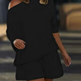 TUA MODA Kadın Kayık Yaka Salaş Iki Iplik Bluz Ve şort Ikili Takım 