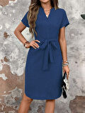 TUA MODA Kadın Kısa Kollu V Hakim Yaka Belden Kuşaklı Valencia Elbise