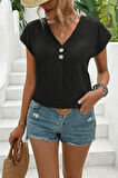 TUA MODA Kadın Kısa Kollu V Yakalı Düğmeli Keten Bluz