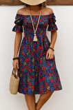 TUA MODA Kadın Kısa Kollu Kare Yakalı Beli Lastikli çiçek Desenli Mini Süprem Elbise