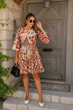 TUA MODA Kadın Kısa Balon Kollu Yuvarlak Yakalı Pileli Desenli Mini Elbise