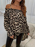 TUA MODA Kadın Ip Askılı Omuzlardan Açık Leopar Desenli Asimetrik Kesim Süprem Bluz