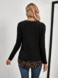TUA MODA Kadın Uzun Kollu Yakadan Düğmeli Leopar Detaylı Kaşkorse Bluz