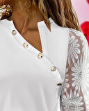 TUA MODA Kadın Uzun Kollu Yakası Asimetrik Detaylı Düğmeli Viskon Iki Iplik Bluz