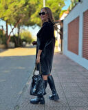 TUA MODA Kadın Uzun Kollu Kapüşon Ve Deri Detay Diz üstü Elbise