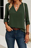 TUA MODA Kadın Uzun Kollu V Yakalı Ithal Krep Bluz