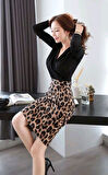 TUA MODA Kadın Uzun Kollu Kruvaze Yaka üst Ithal Krep Alt Dalgıç Leopar Detaylı Elbise