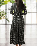 TUA MODA Kadın Siyah Tam Boy Beyaz Puantiyeli Elbise