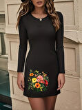 TUA MODA Kadın Uzun Kollu Bisiklet Yaka çiçek Desenli Mini Dalgıç Elbise