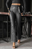 TUA MODA Kadın Yüksek Bel Paçaya Doğru Geniş Deri Pantolon