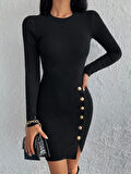 TUA MODA Kadın Siyah Uzun Kollu Bisiklet Yaka Yan Yırtmaç Düğme Detay Kısa Kaşkorse Elbise