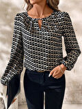 TUA MODA Kadın Uzun Kollu Damla Detaylı Yaka Desenli Süprem Bluz