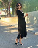 TUA MODA Kadın Uzun Kollu V şerit Yakalı Viskon Iki Iplik Elbise