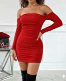 TUA MODA Kadın Uzun Kollu Omuzlardan Açık Takma Kollu Büzgülü Sandy Kısa Elbise