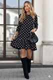 TUA MODA Kadın Uzun Kollu Bisiklet Yaka Fırfırlı Puantiyeli Kısa Modal Elbise