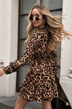TUA MODA Kadın Uzun Kollu Kruvaze Yakalı Fırfırlı Belden Kuşaklı Leopar Desen Modal Elbise