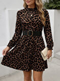TUA MODA Kadın Uzun Kollu Yarı Balıkçı Yaka Leopar Desenli Kadife Elbise