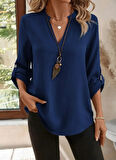 TUA MODA Kadın Uzun Kollu V Yakalı Ithal Krep Lacivert Bluz