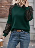 TUA MODA Kadın Uzun Kollu Dantelli Kapşonlu Viskon Iki Iplik Bluz