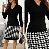 TUA MODA Kadın Uzun Kollu V Yaka Alt Tarafı Desenli Dalgıç Mini Boy Elbise