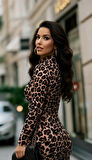 TUA MODA Kadın Uzun Kollu Balıkçı Yaka Leopar Desenli Midi Boy Elbise