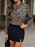 TUA MODA Kadın Uzun Kollu Yakadan Bağcıklı Leopar Desenli Süprem Bluz