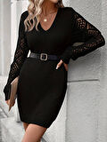 TUA MODA Kadın Uzun Kollu V Yakalı Mini Triko Elbise