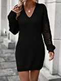 TUA MODA Kadın Uzun Kollu V Yakalı Mini Triko Elbise