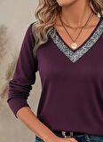 TUA MODA Kadın Uzun Kollu V Payet Yakalı Viskon Mürdüm Bluz