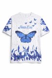 TUA MODA Asit Yıkamalı Oversize Tişört Mavi Kelebek Baskılı Dijital Print Bisiklet Yaka Streetwear T